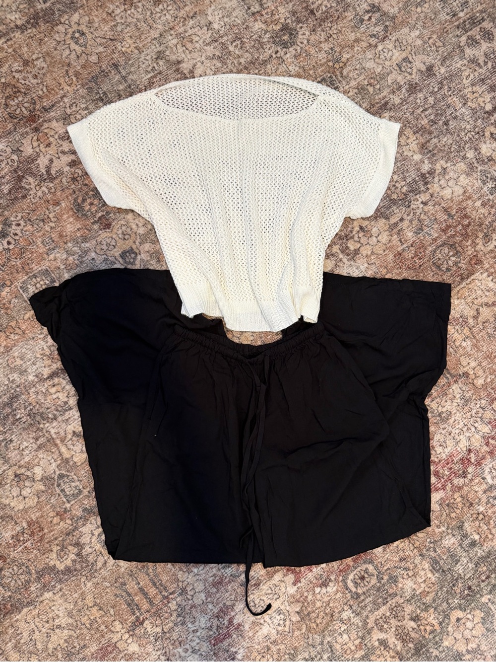 Cream Crochet Top with Black Wide-Leg Pants